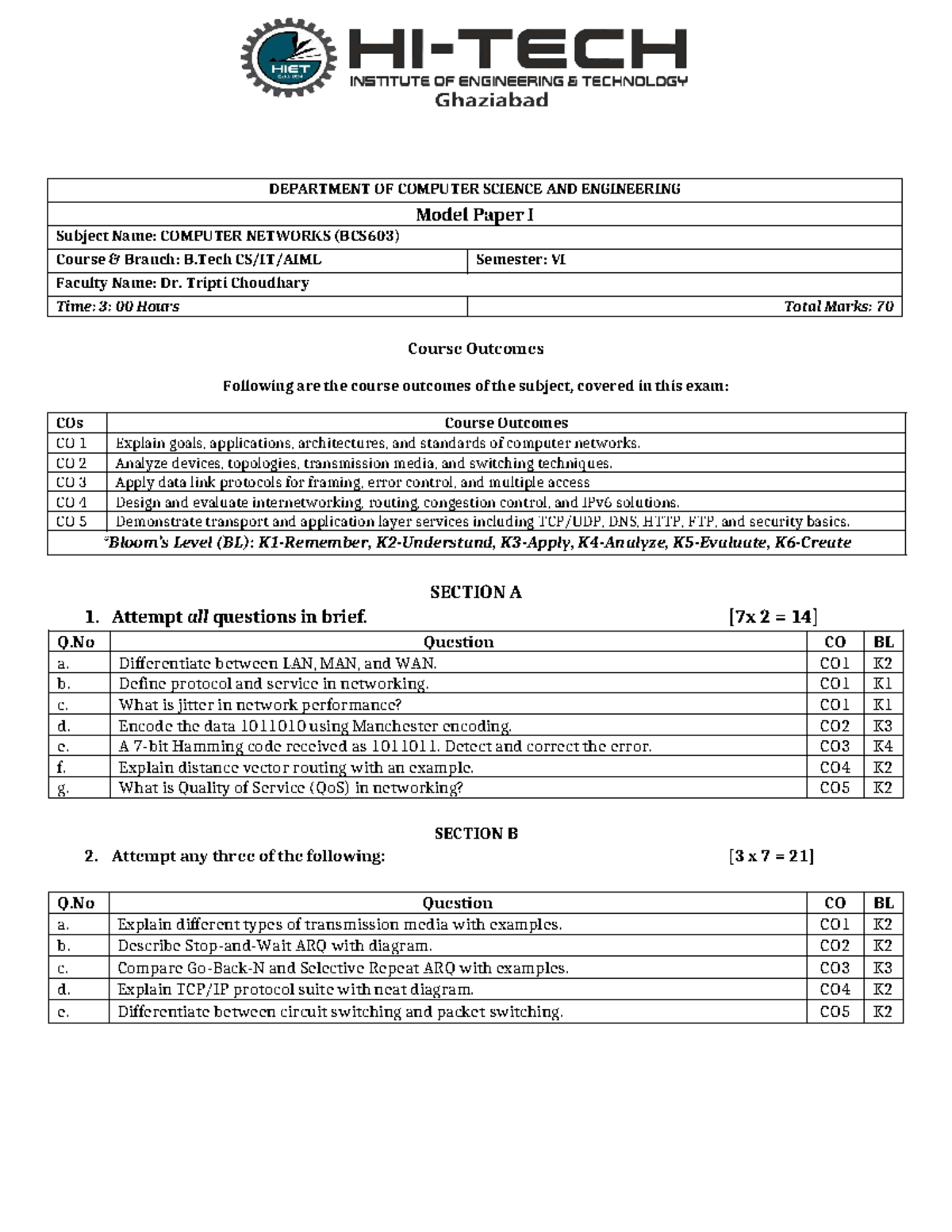 CN BCS603 Model Paper I: Computer Networks Exam Questions - Studocu