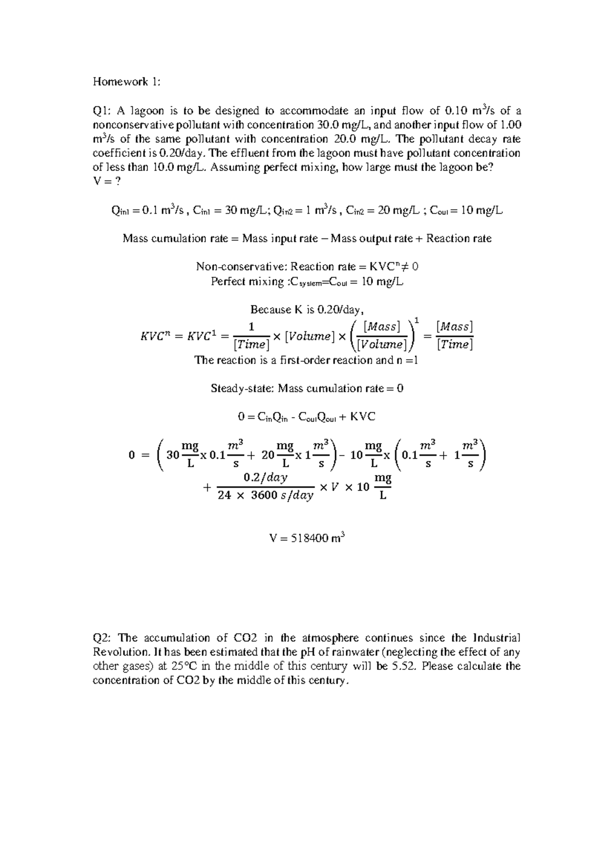 HW1 Solution - Lagoon Design & CO2 Concentration Analysis - Studocu