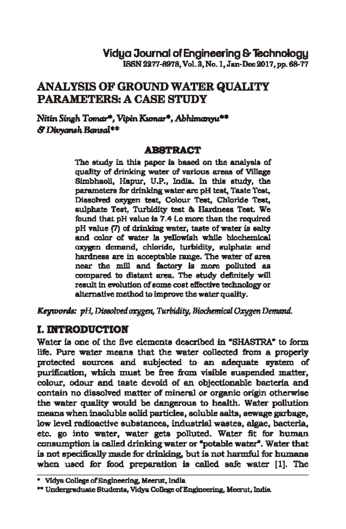 Analysis of Ground Water Quality Parameters: A Case Study (ENGT 101 ...