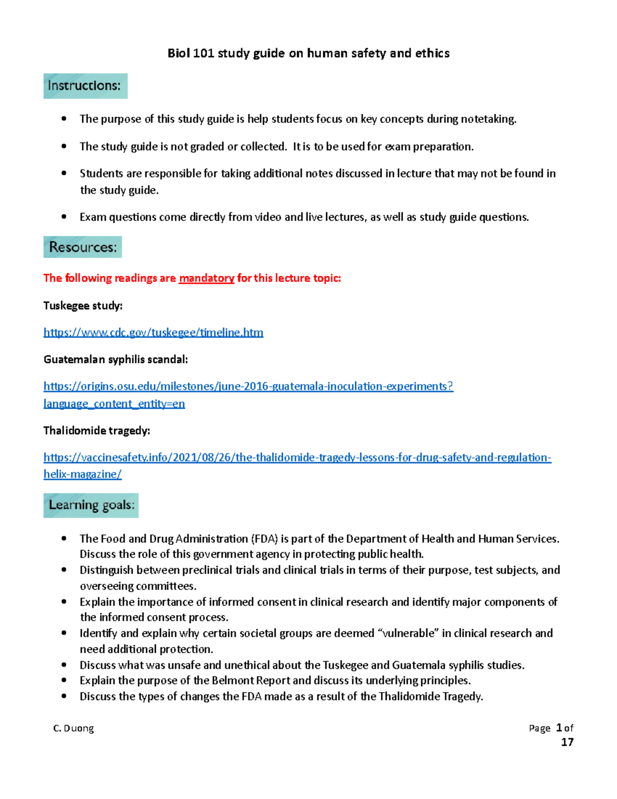 Biol 101 Study Guide: Human Safety and Ethics Overview F22 - Studocu