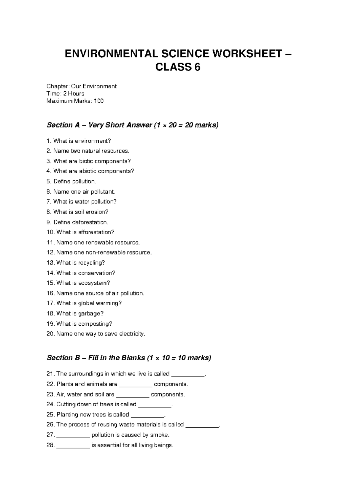 ENVIRONMENTAL SCIENCE WORKSHEET CLASS 6: Our Environment - Studocu