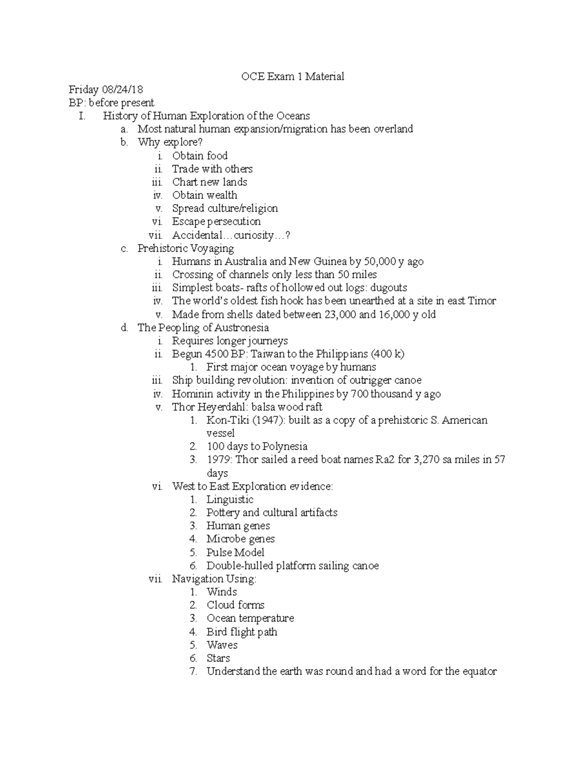 OCE1001 Exam 1 Lecture Notes: History of Human Ocean Exploration - Studocu