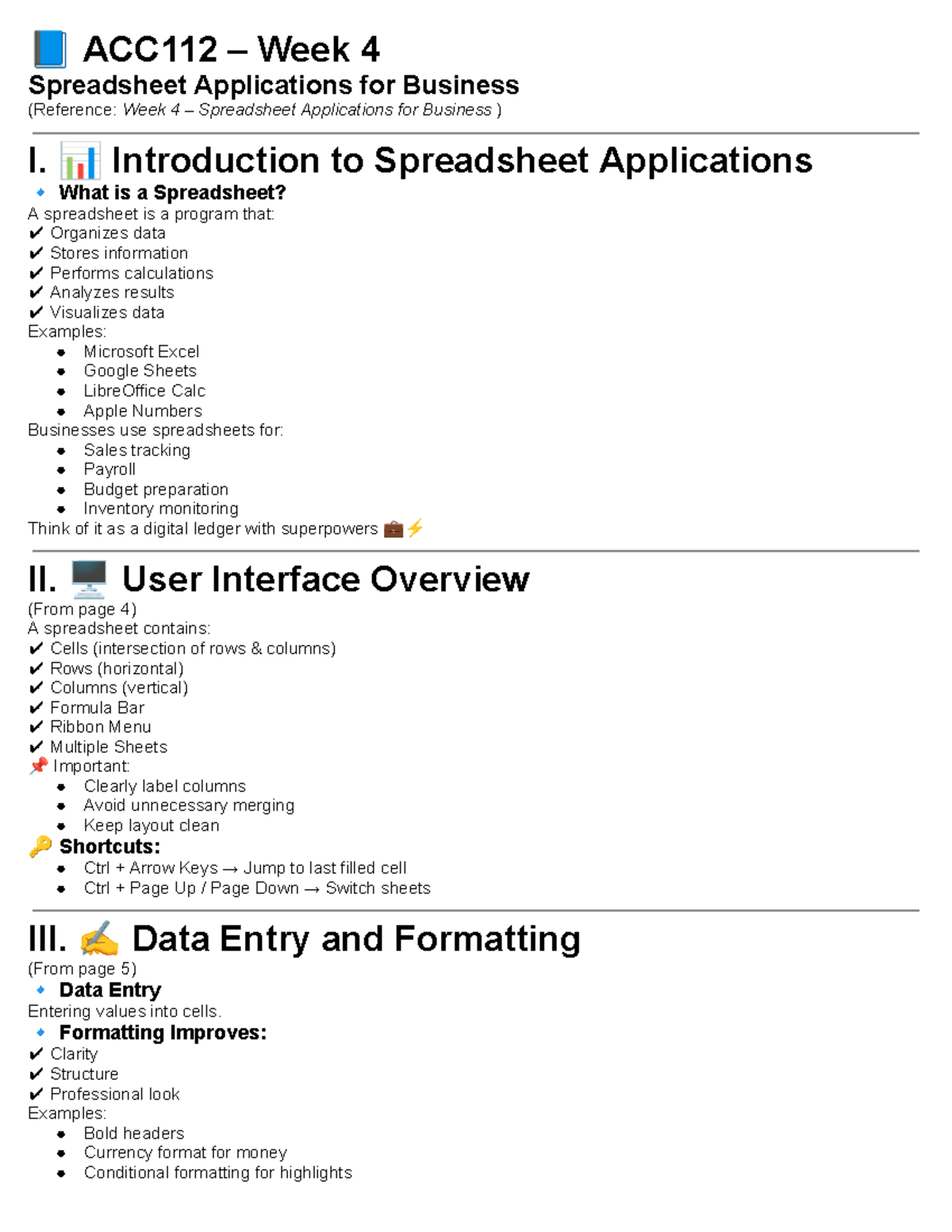 ACC112 Week 4 Reviewer: Introduction to Spreadsheet Applications - Studocu