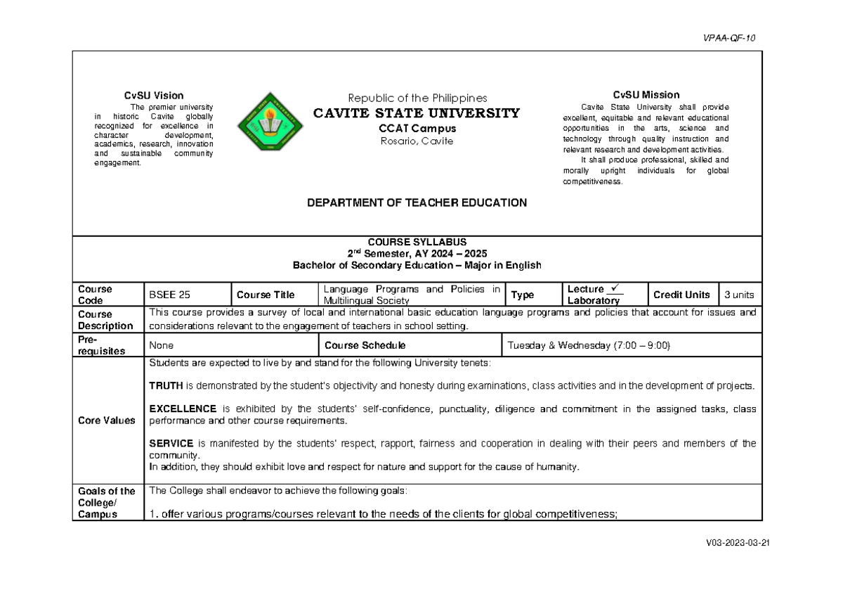 BSEE 25: Syllabus for Bachelor of Secondary Education - English - Studocu