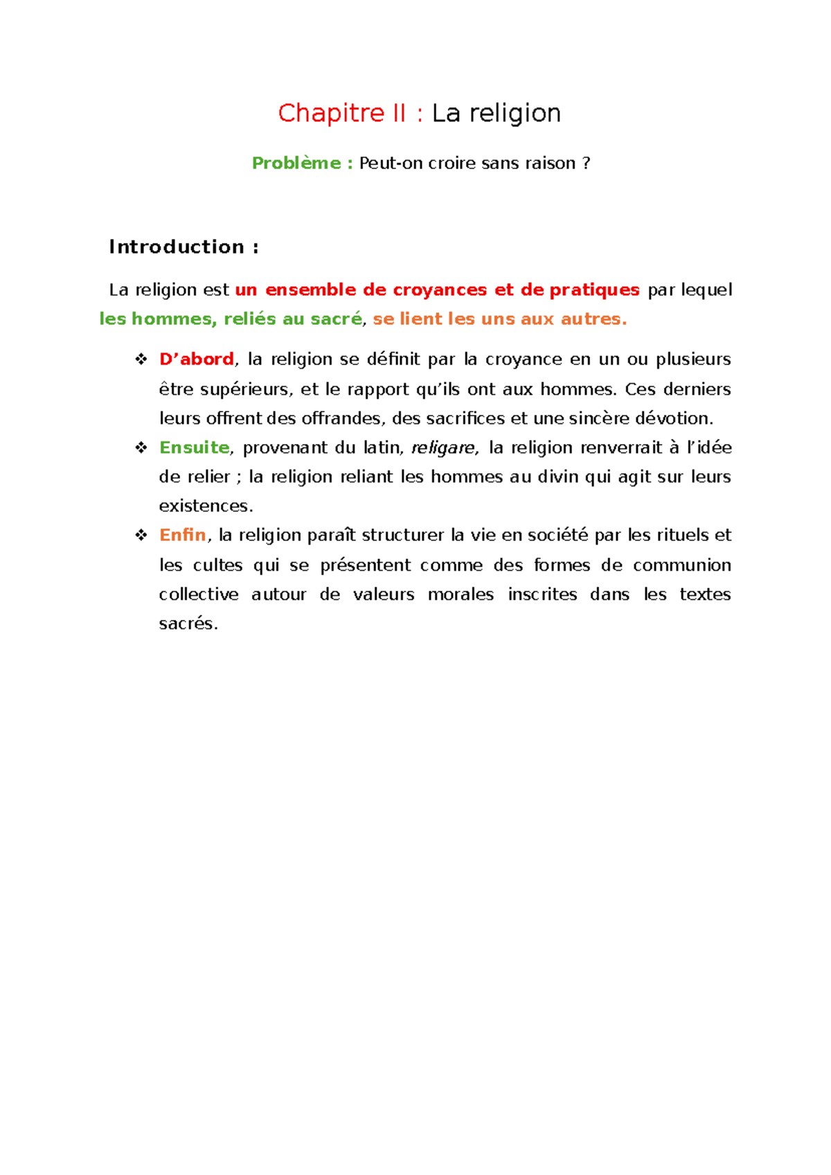 Chapitre II : La Religion et la Foi - Problème de la Raison ? - Studocu