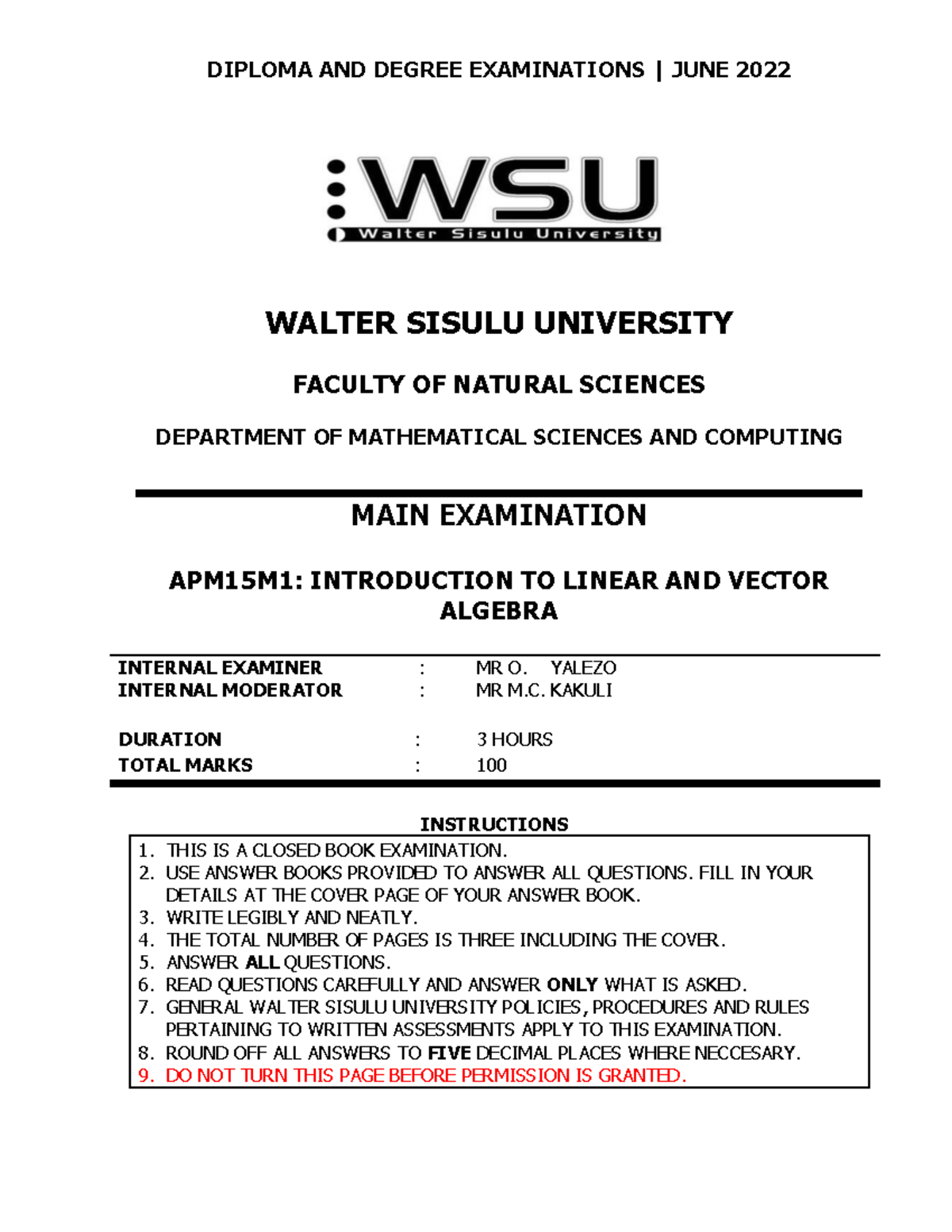 APM 15 M 1: Main Exam Paper on Linear & Vector Algebra, June 2022 - Studocu