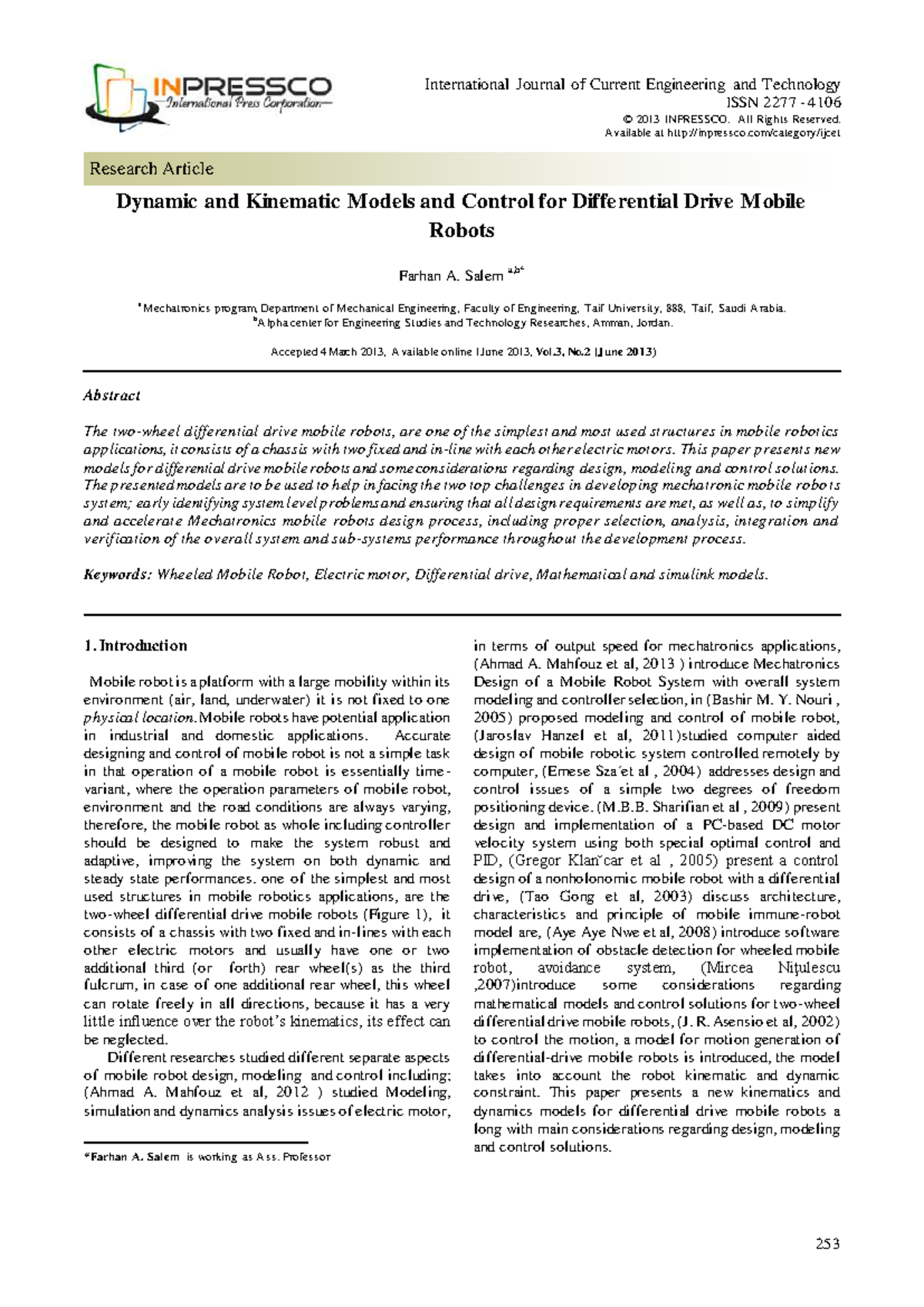 Dynamic and Kinematic Models for Differential Drive Mobile Robots (ME ...