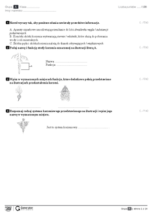 Test IV. Tkanki i organy roślinne Test (z widoczną punktacją) - Grupa A ...