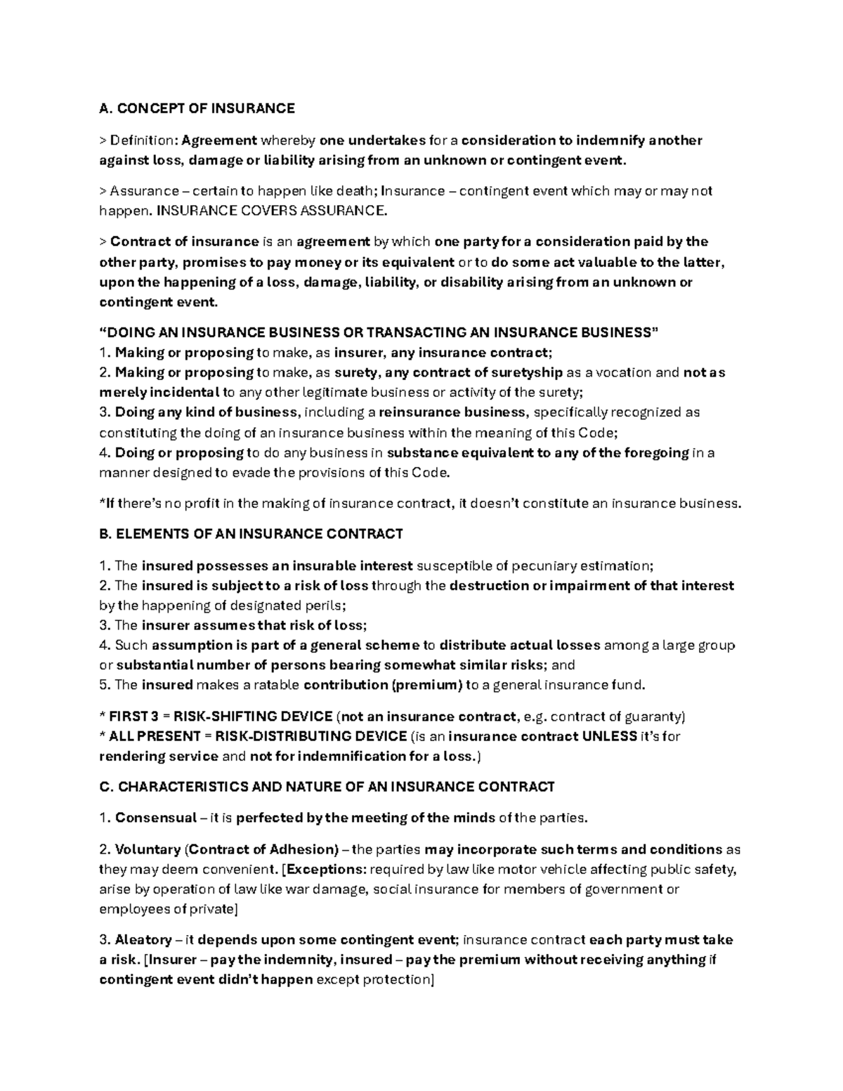 Huh Lawwwwwww - Insurance notes - A. CONCEPT OF INSURANCE > Definition ...