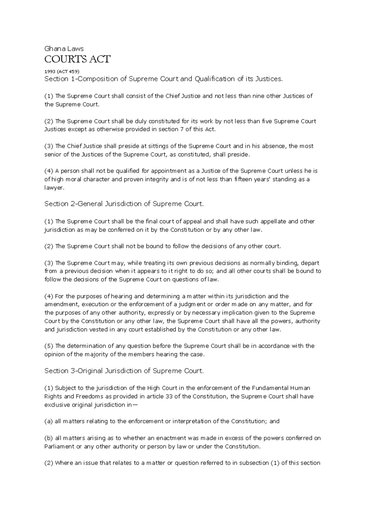 Ghana Courts Act 1993 (ACT 459) Overview and Jurisdiction Details - Studocu