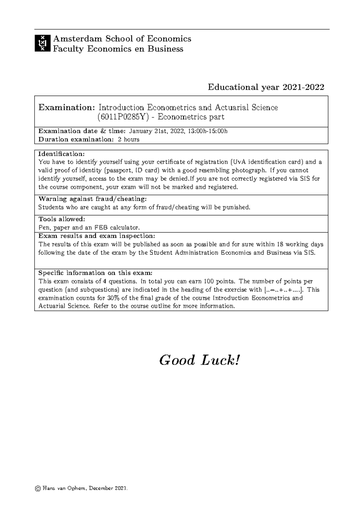 Introduction to Econometrics Exam 6011P0285Y Solutions 2022 - Studeersnel