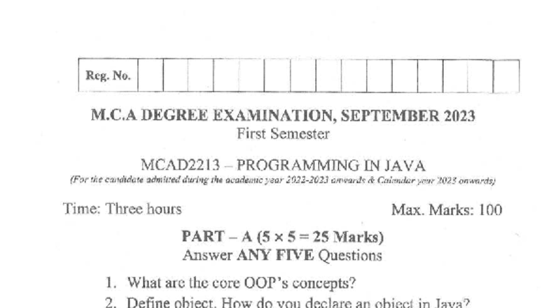 M.C.A 1st Sem Exam MCAD2213: Programming in Java Questions - Studocu