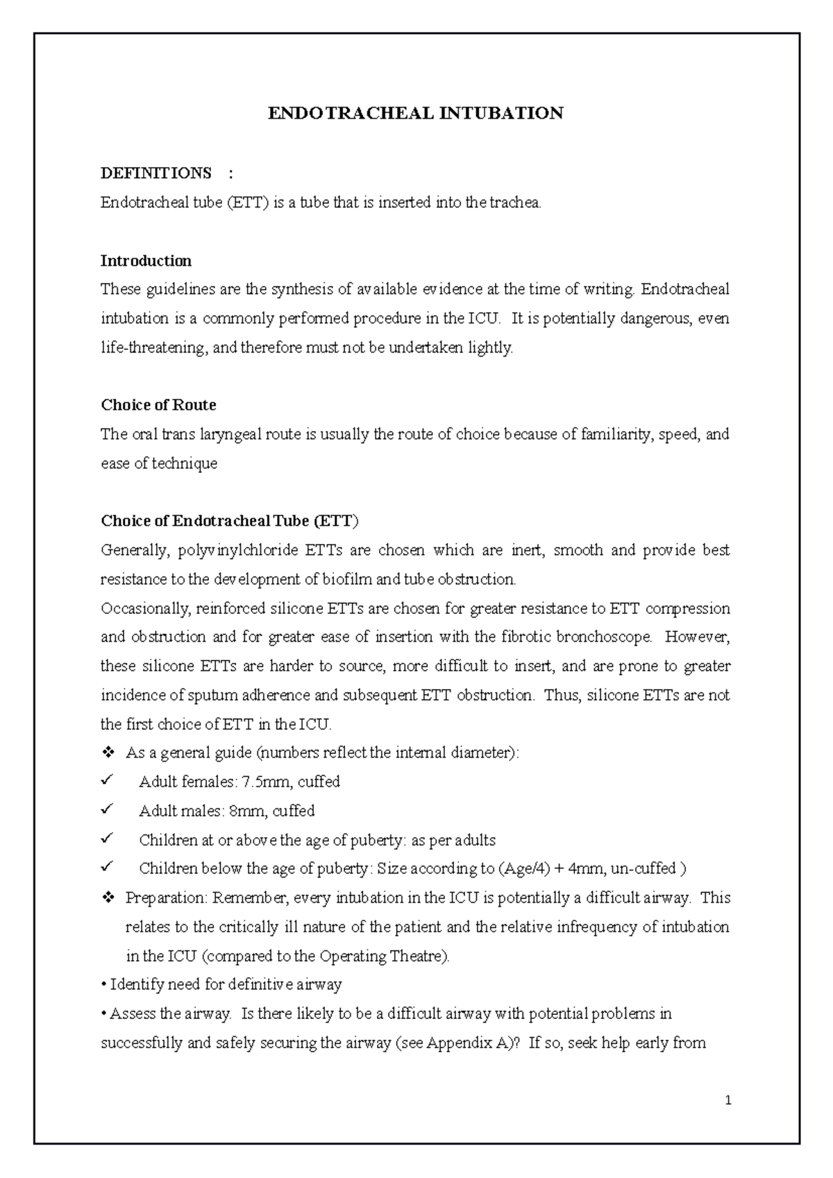 Endotracheal Intubation Guidelines for ICU Procedures - Studocu