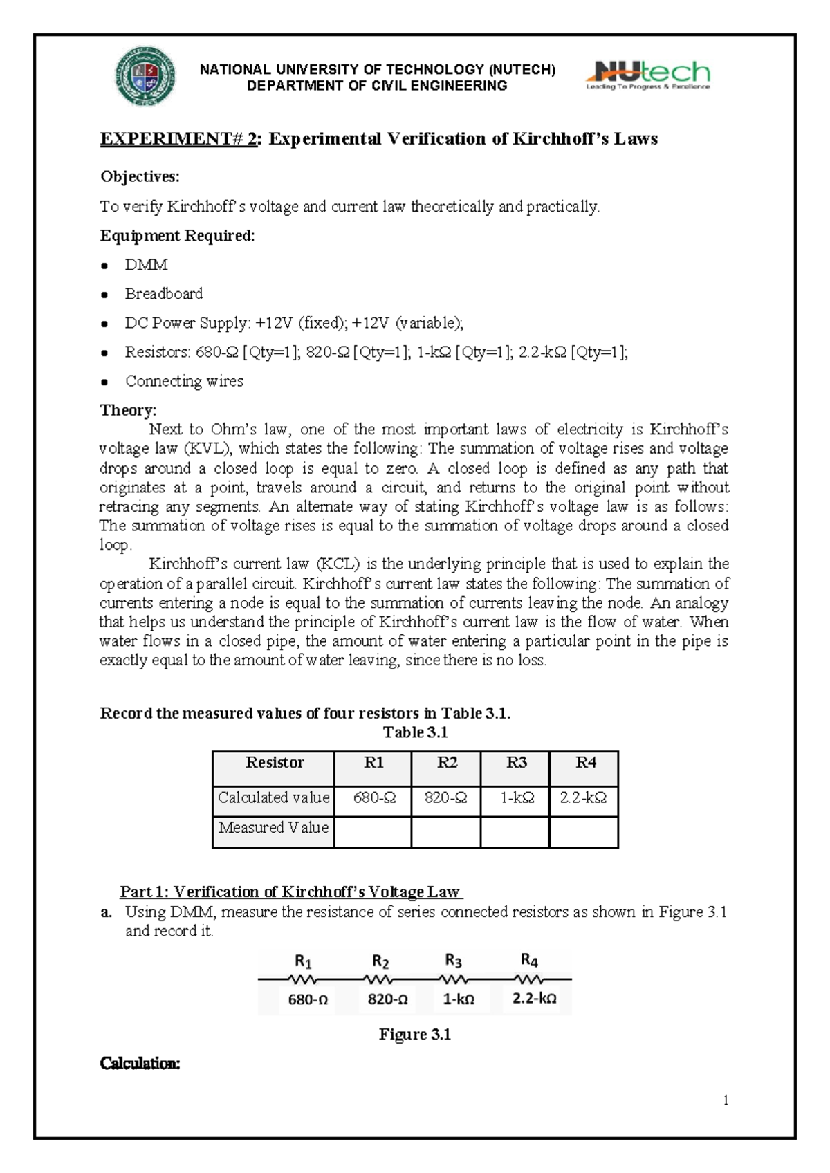 NUTECH CE 2: Experimental Verification of KVL & KCL Lab Report - Studocu