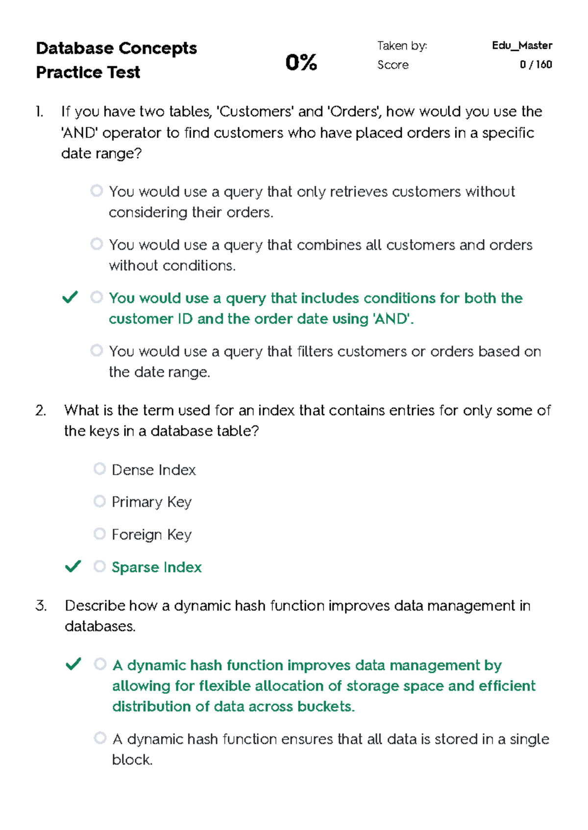 Database Concepts Practice Test 1 - Edu__Master Score Analysis - Studocu