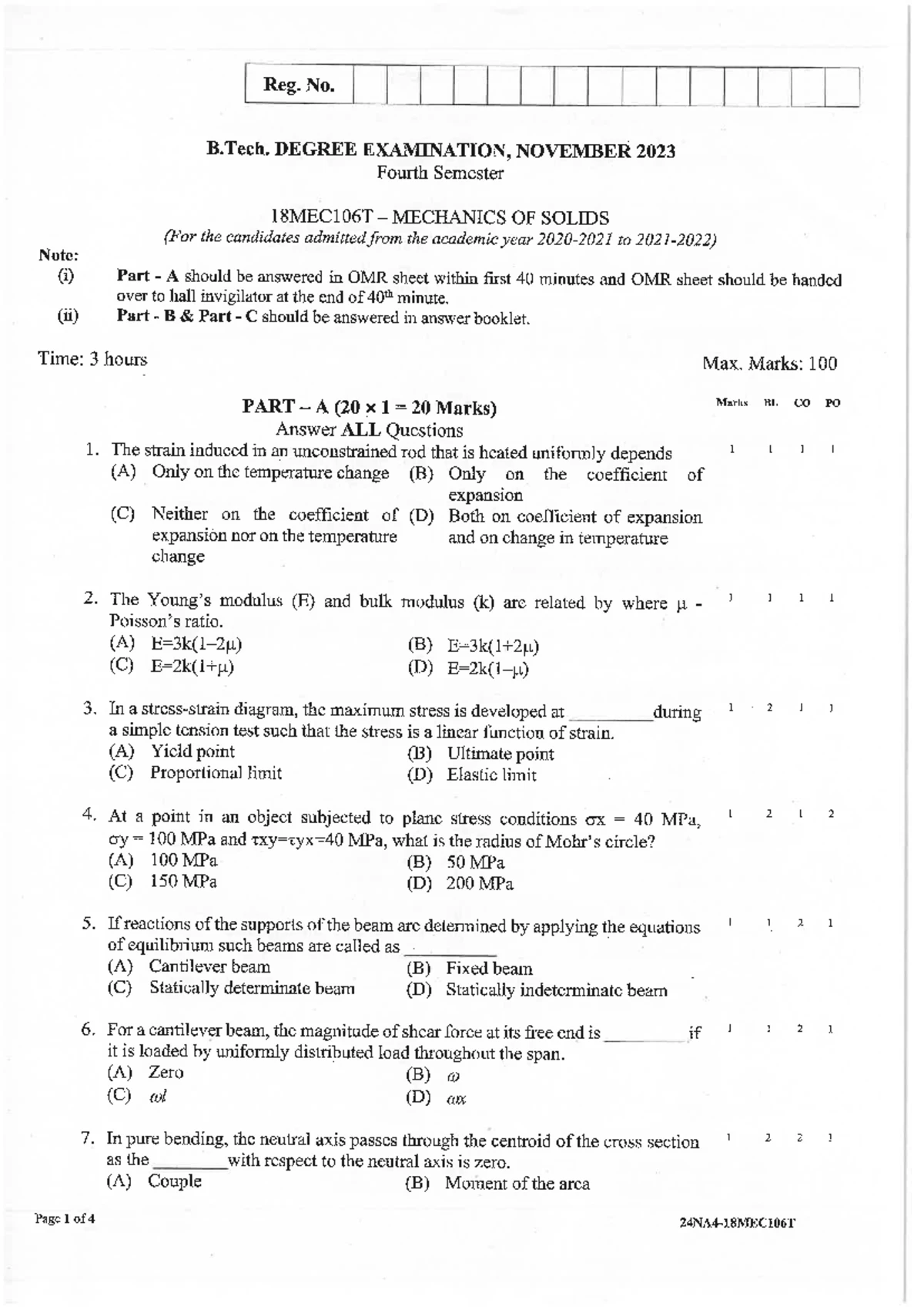 18MEC106T - Mechanics of Solids Question Paper for B.Tech Final Exam ...