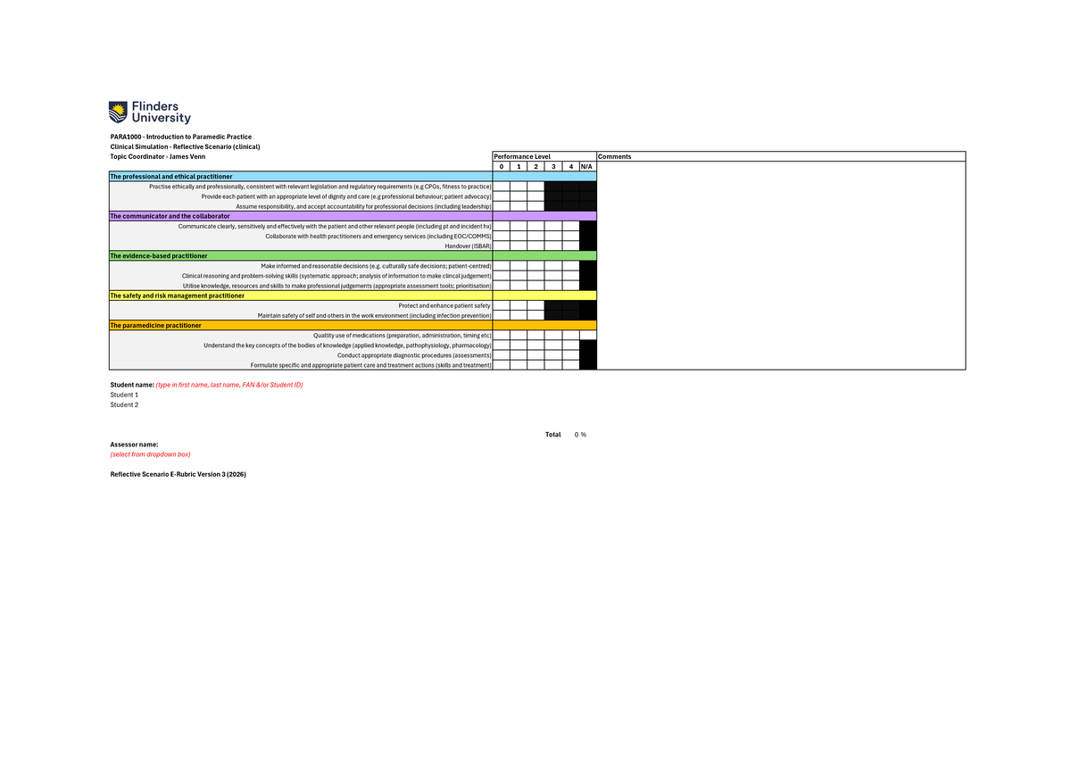PARA1000 - Clinical Simulation Reflective Scenario Rubric 2026 - Studocu