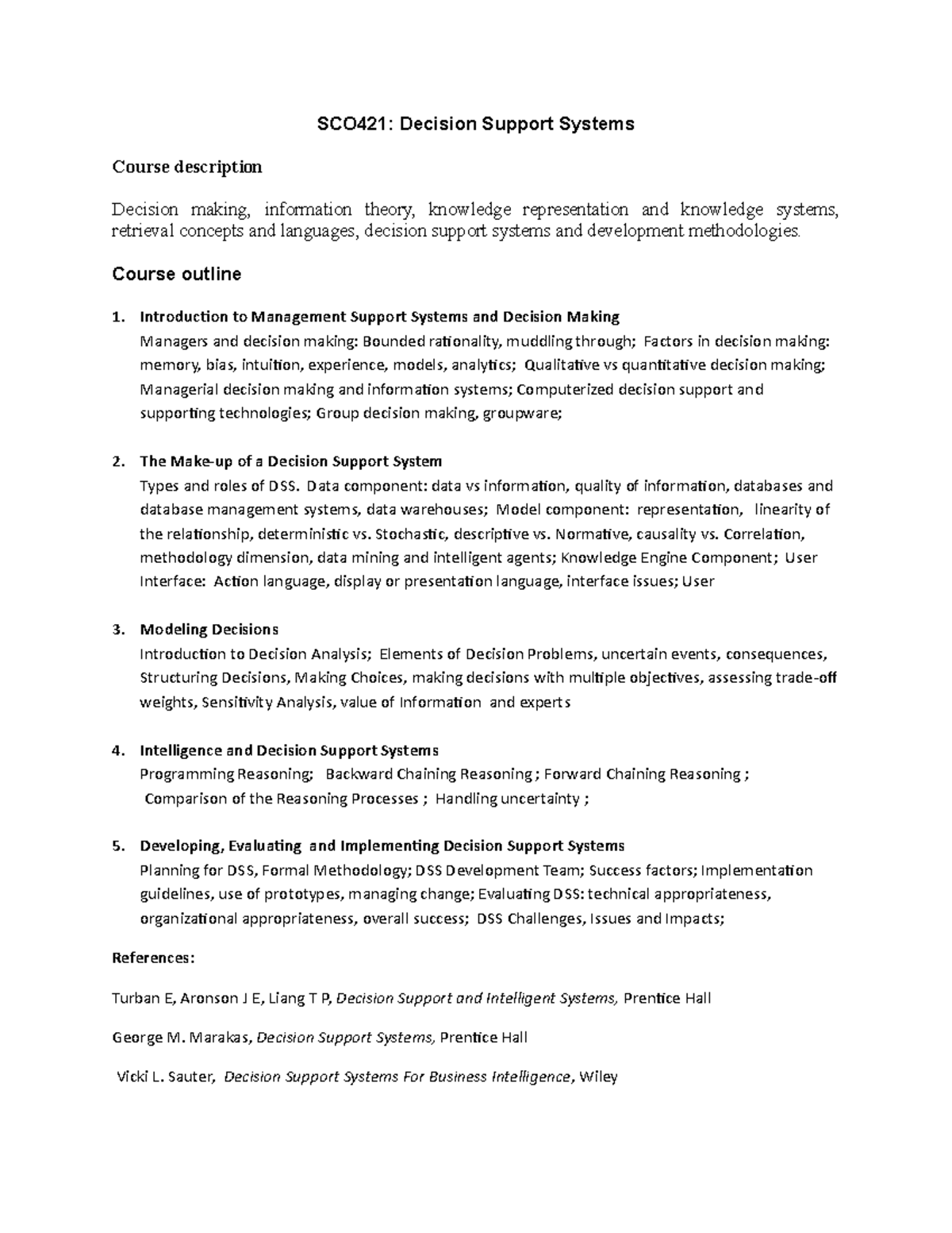 SCO421 Decision Support Systems Course Outline and Key Concepts - Studocu