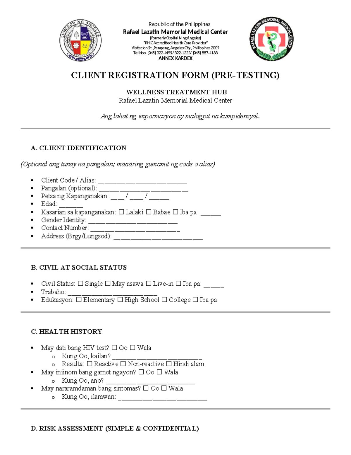 Client Registration Form for Pre-Testing at Rafael Lazatin Memorial ...