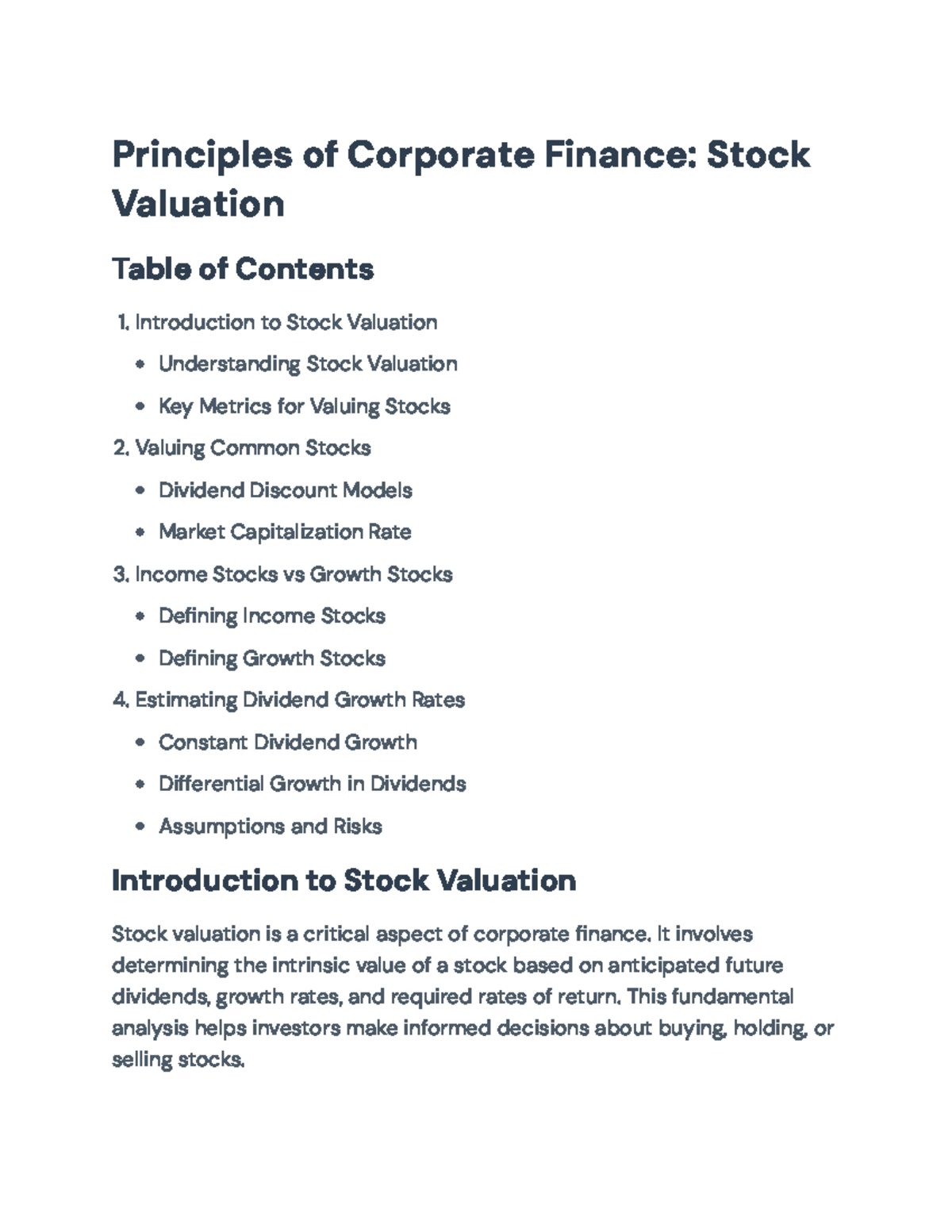 Final Exam Study Guide: Stock Valuation in Corporate Finance (FIN-301 ...