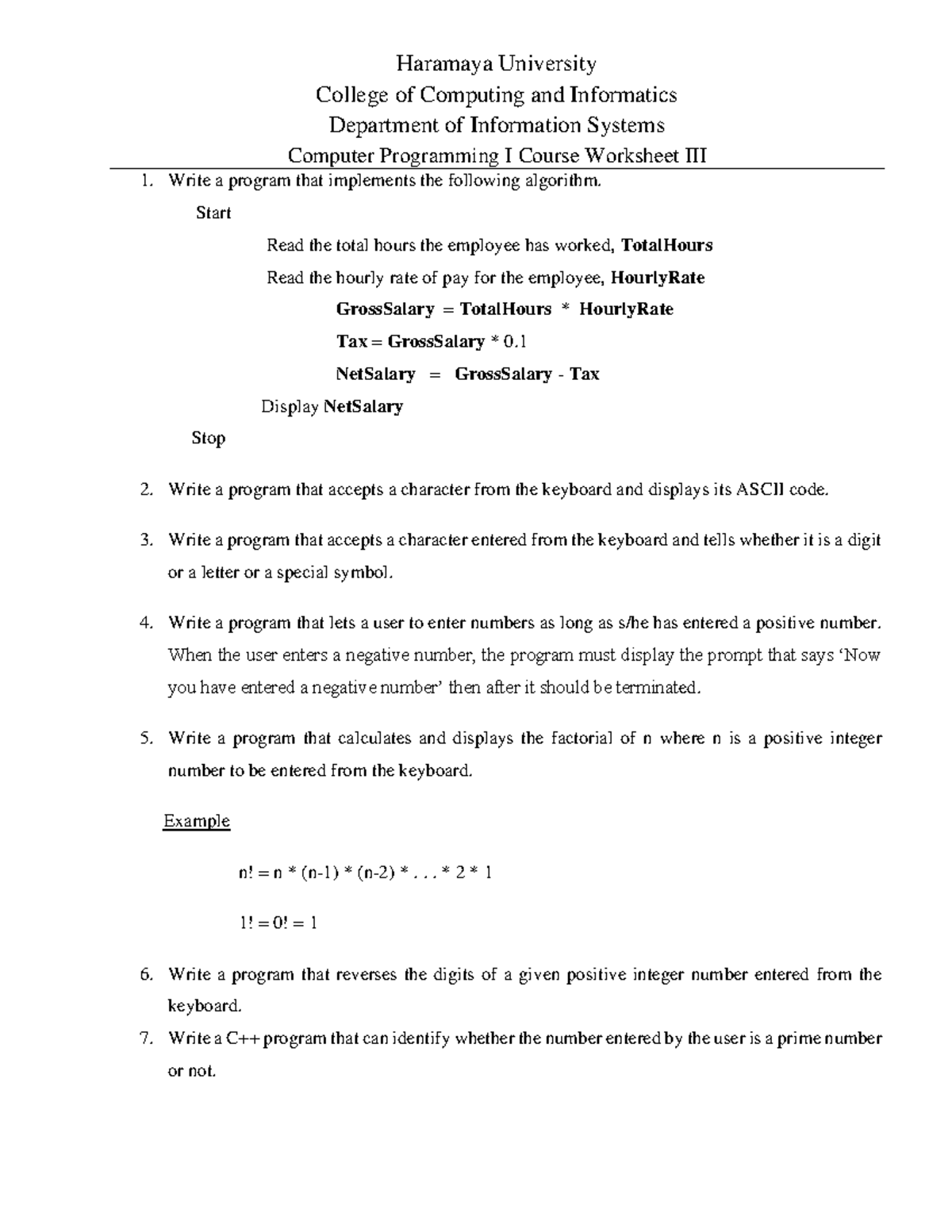 Basic Programming I Worksheet 3 - Haramaya University College of ...