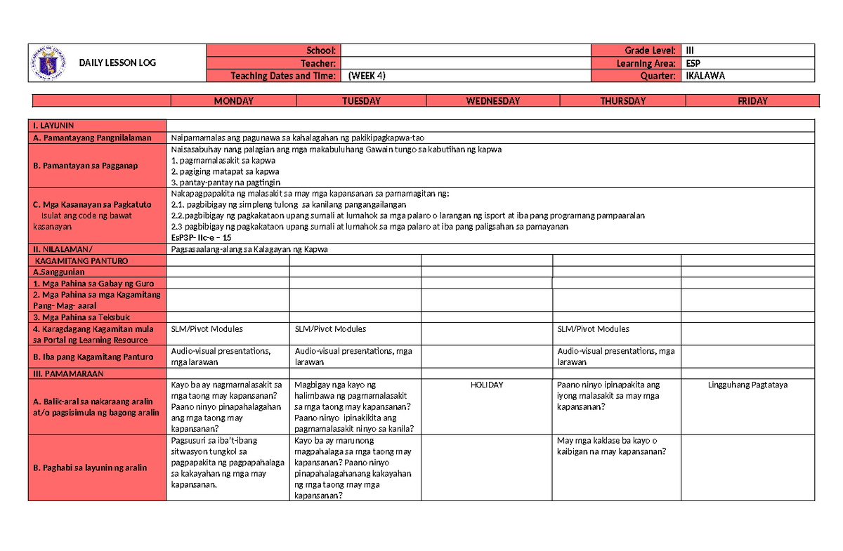 DLL ESP 3 Q2 W4 - SAMPLE DAILY LESSON LOG - DAILY LESSON LOG School ...