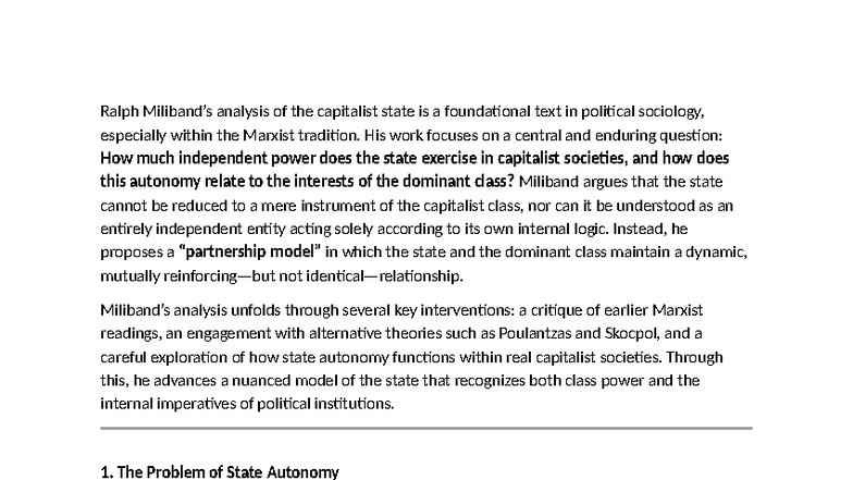 Ralph Miliband's Analysis of State Autonomy in Capitalism - Studocu