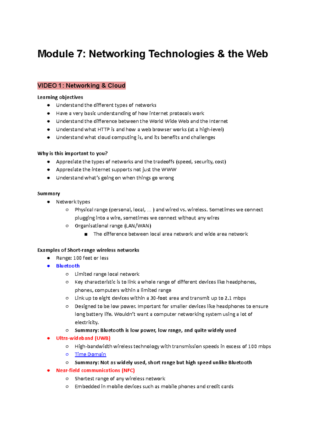 INFO101 Modules 7-9: Networking & Cloud Computing Lecture Notes - Studocu