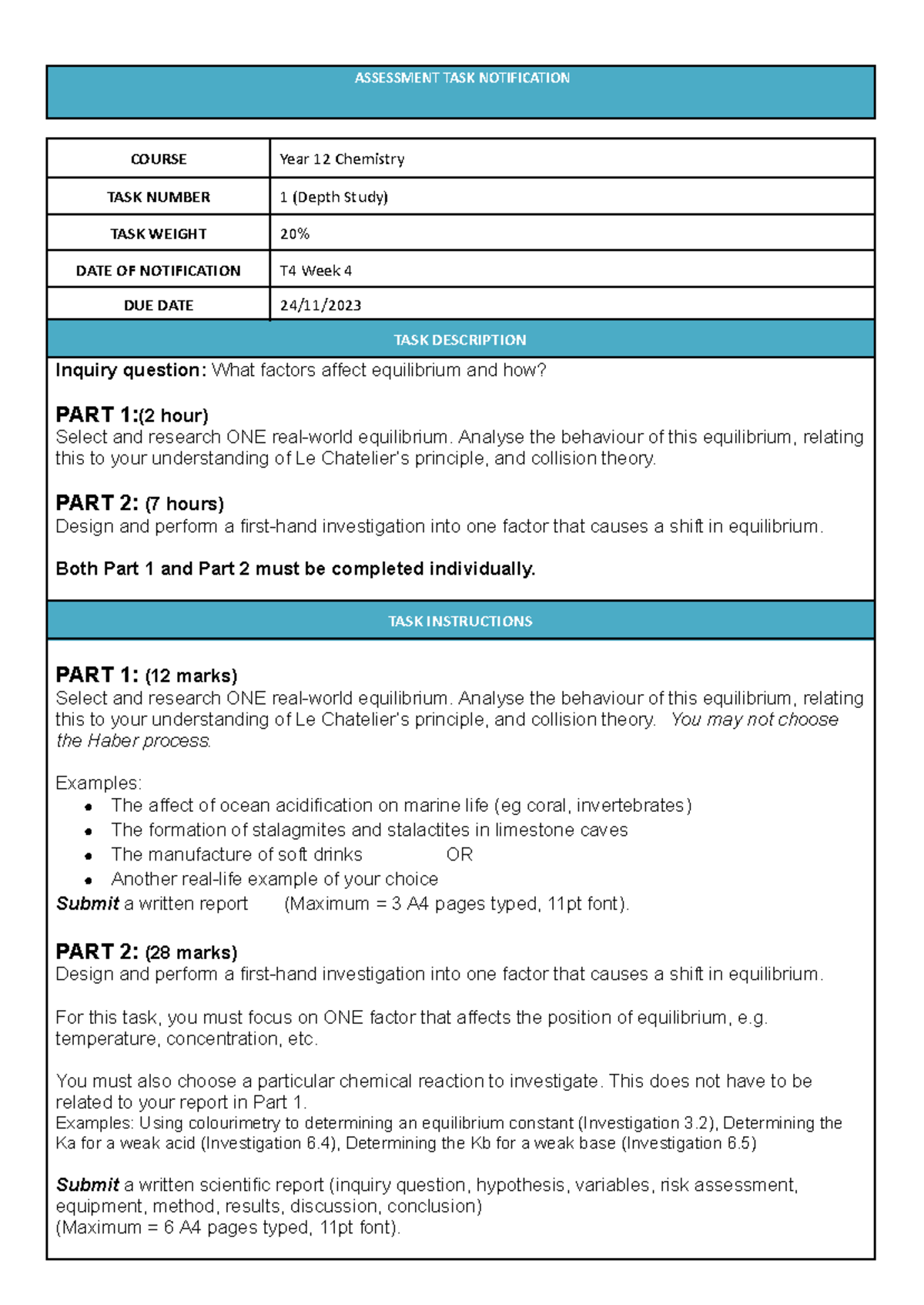 Year 12 Chemistry Assessment Task 1: Depth Study on Equilibrium - Studocu