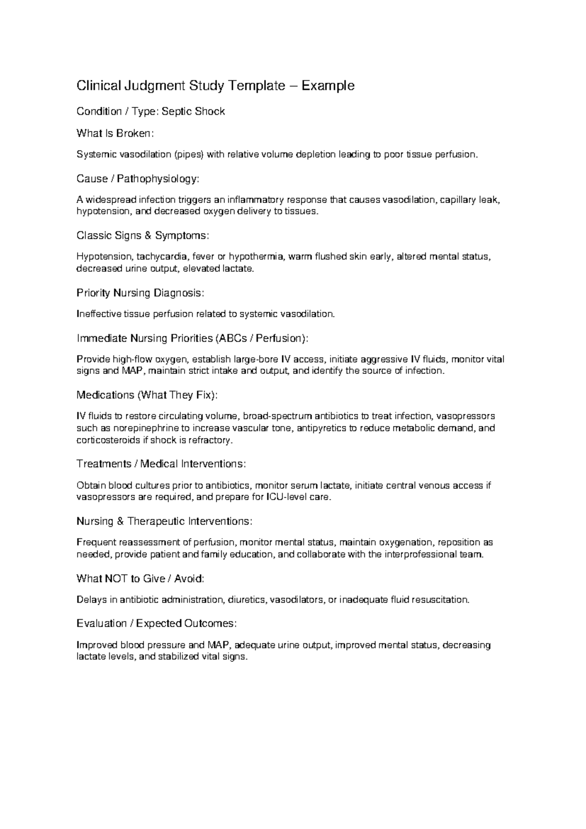 Septic Shock Clinical Judgment Study Template (Example 2) - Studocu