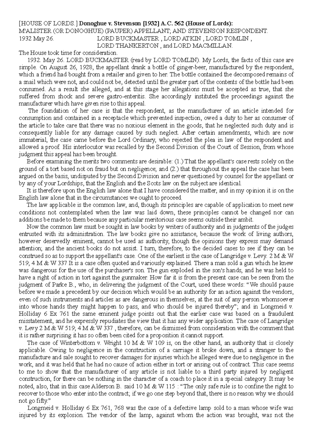 Case Study: OF Donoghue v. Stevenson A.C. 562 (House of Lords) - 1932 ...