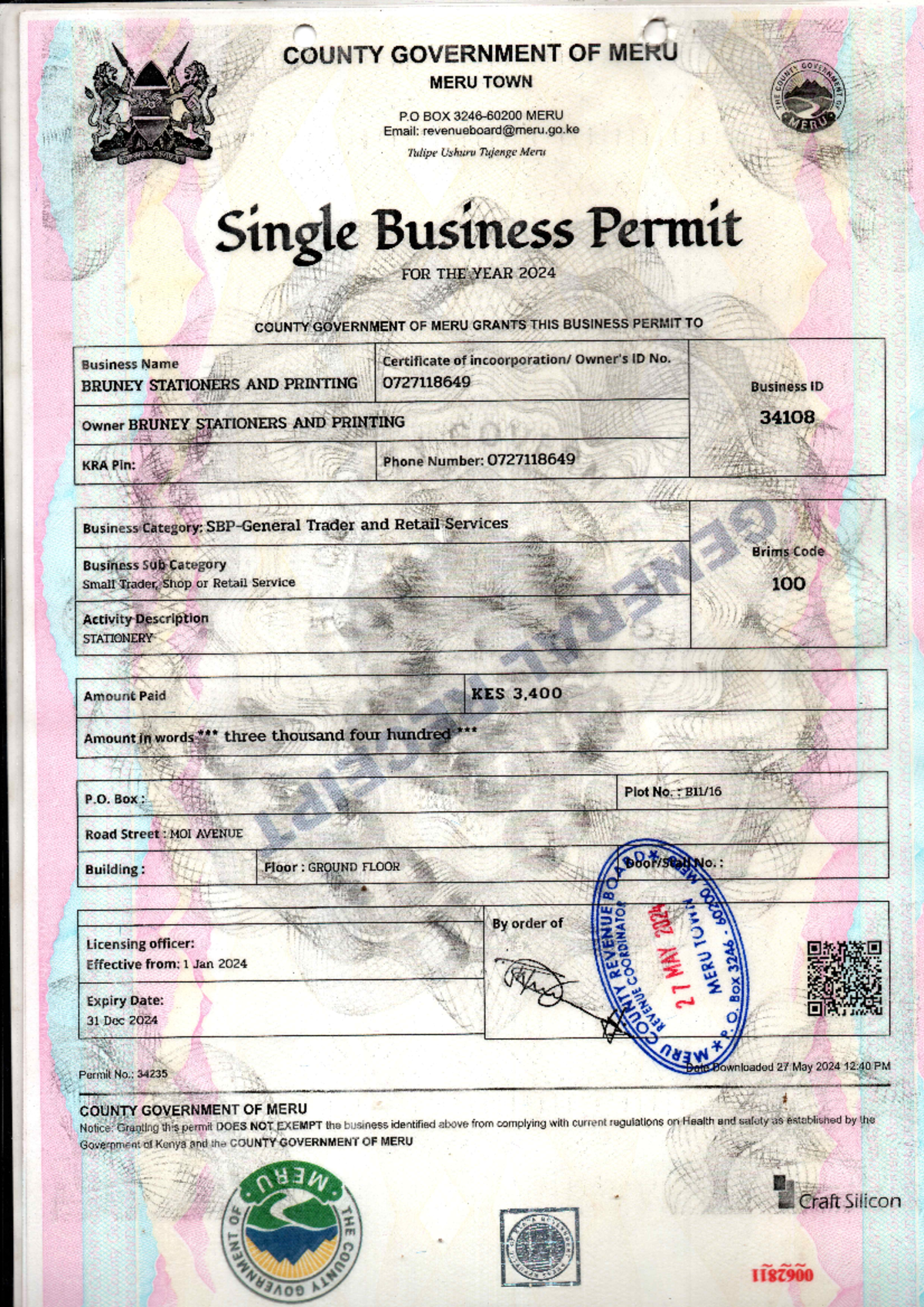 Meru County Single Business Permit 2024 - BRUNEY STATIONERS - Document Preview