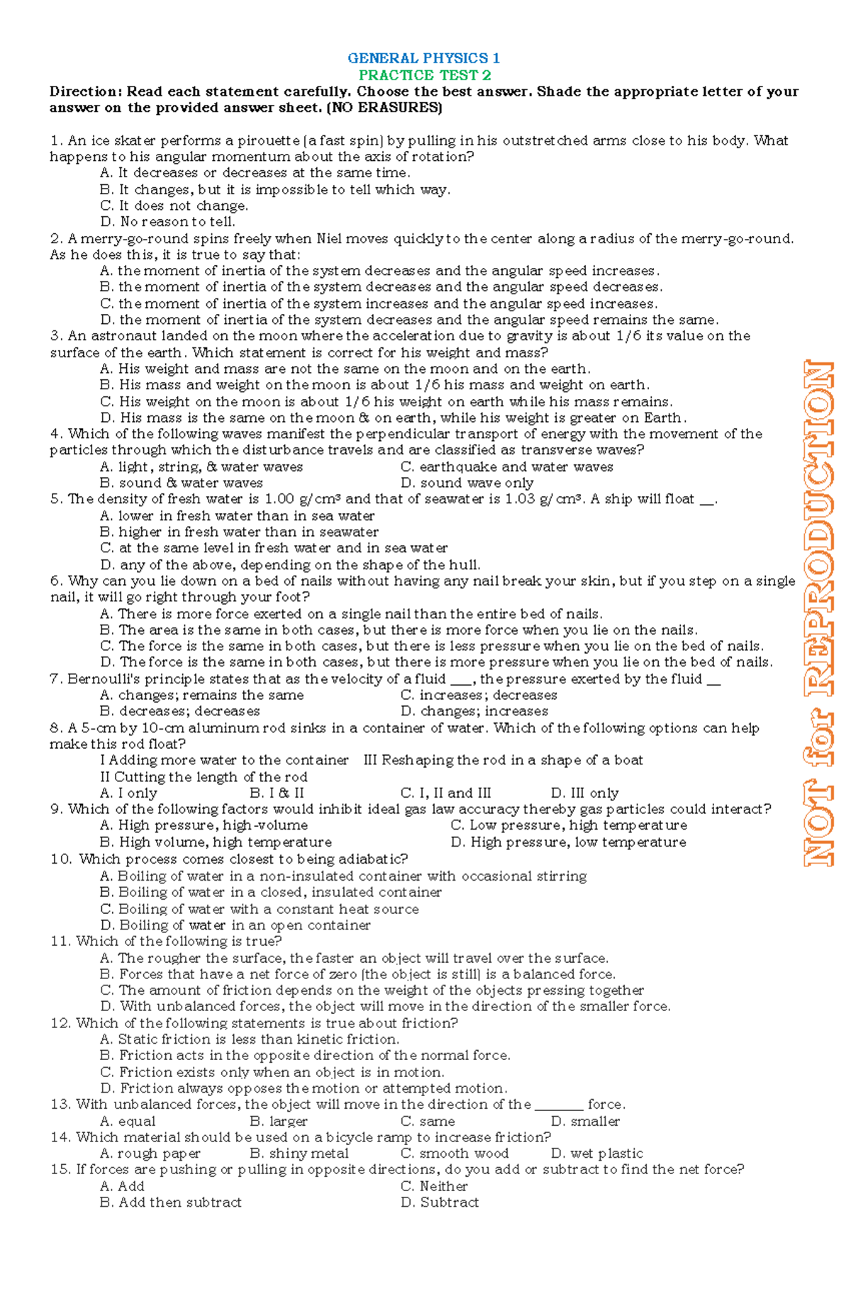 GP1 practice test - GENERAL PHYSICS 1 PRACTICE TEST 2 Direction: Read ...