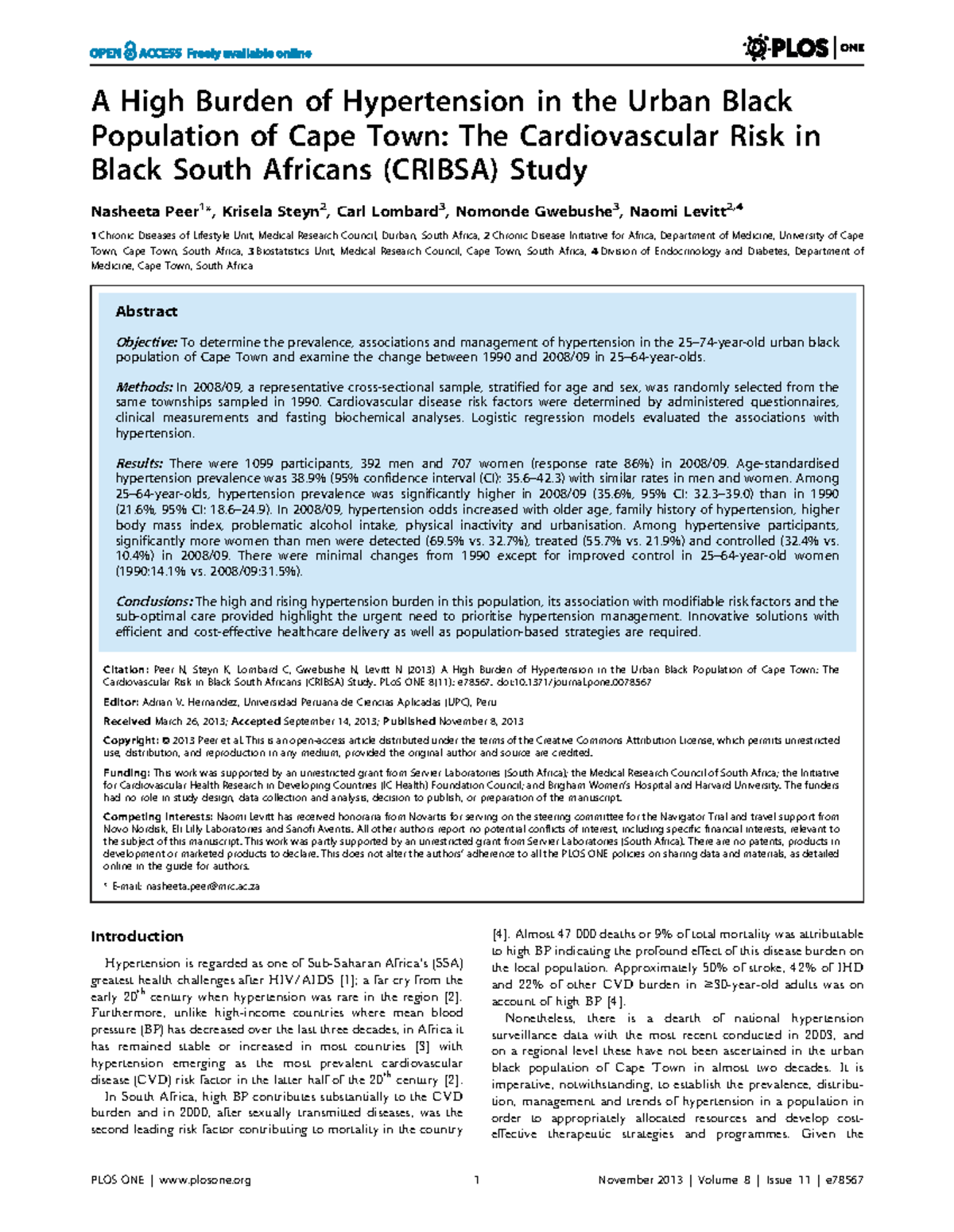 CRIBSA Study: Hypertension Prevalence in Urban Black Cape Town - Studocu
