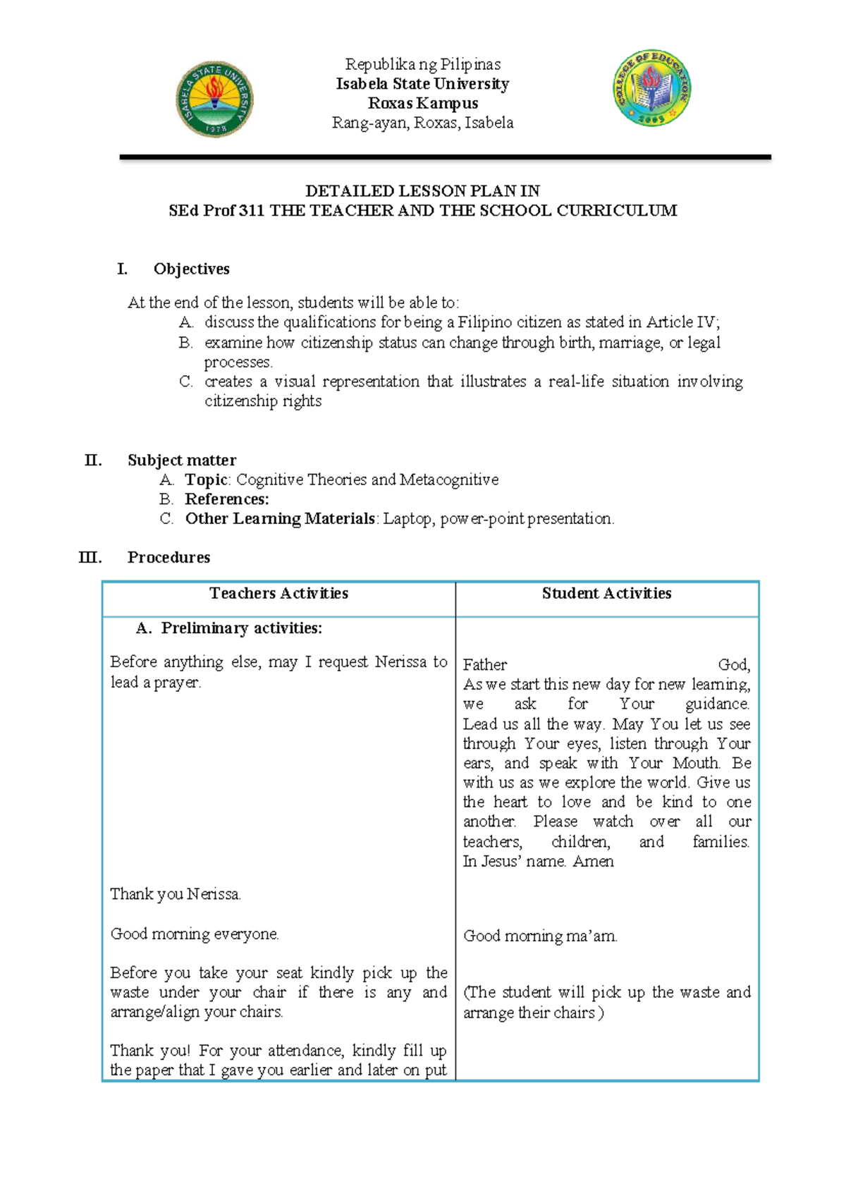 Detailed Lesson Plan in SEd Prof 311: Cognitive Theories ...
