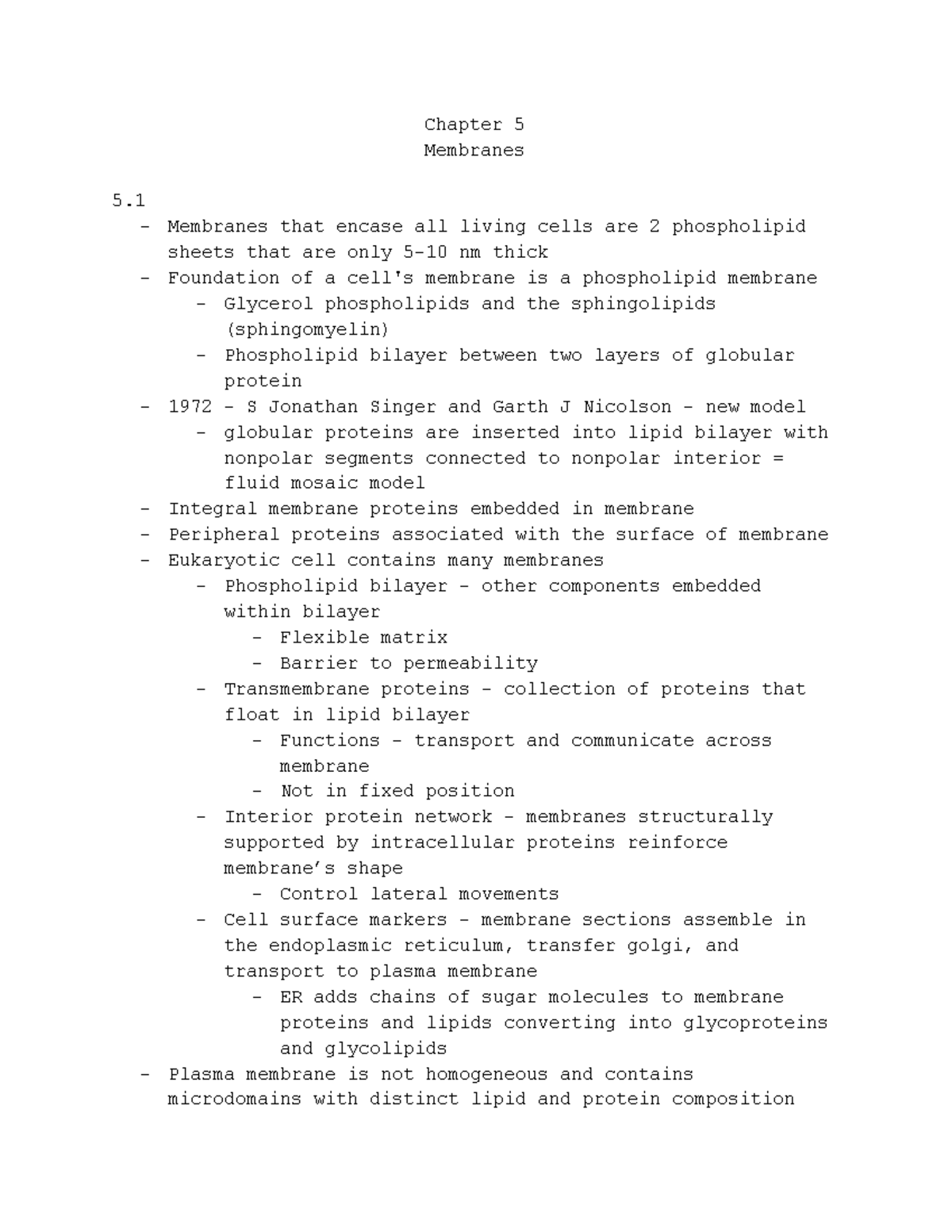 Chapter 5 Notes - Membranes Overview for BIOL 101 - Studocu