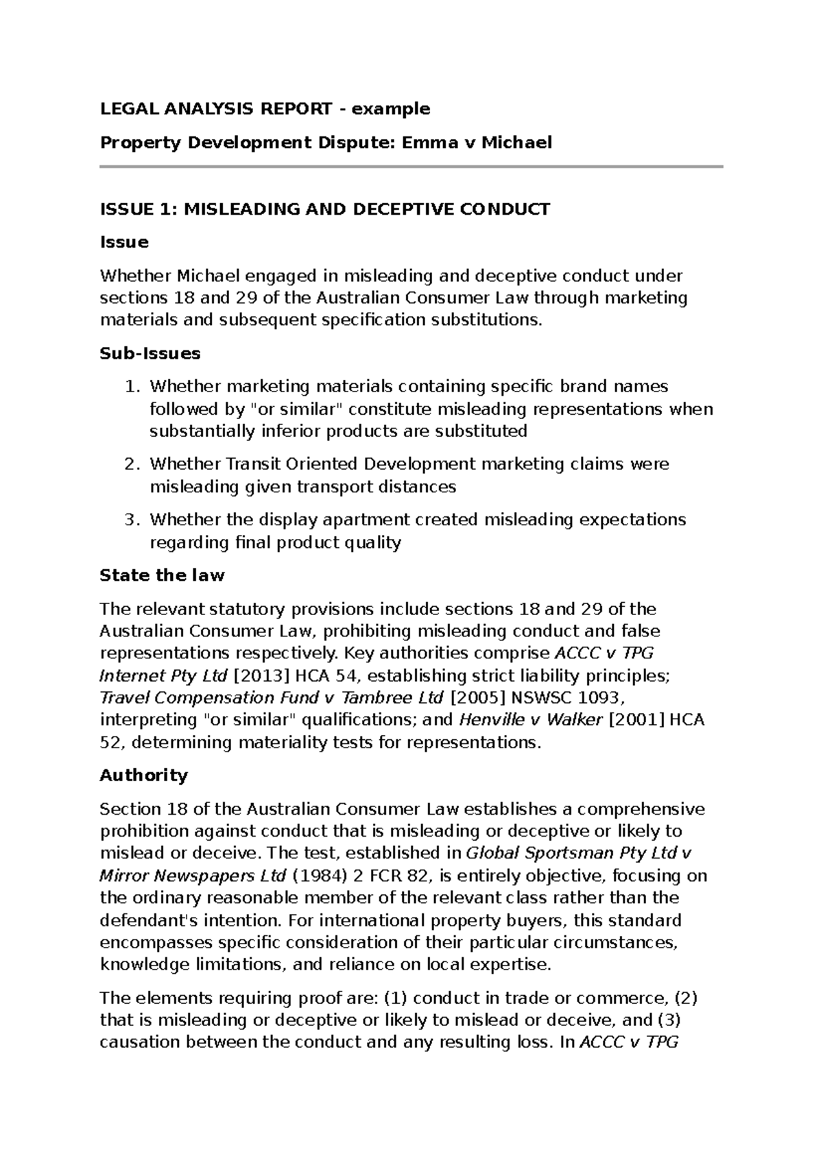 USB145 - Legal Analysis Report: Property Development Dispute Emma v ...