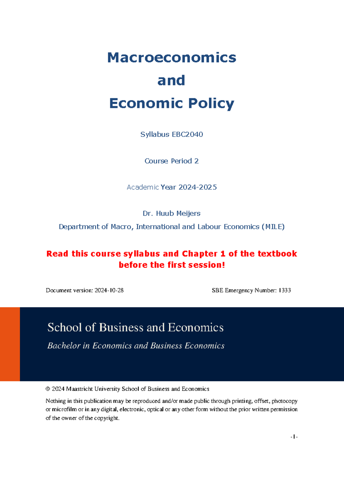 Syllabus EBC2040 Macroeconomics & Economic Policy 2024-2025 - Studeersnel