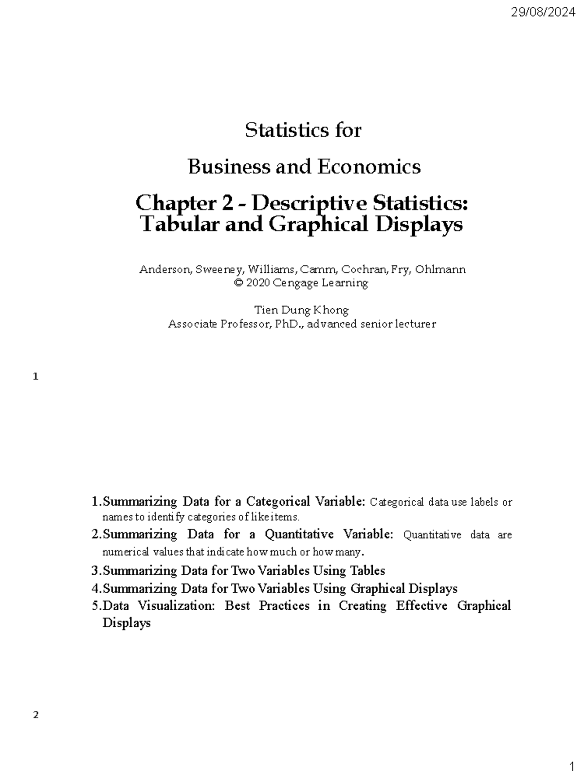 Statistics for Business and Economics (Chapter 2): Descriptive Stats ...