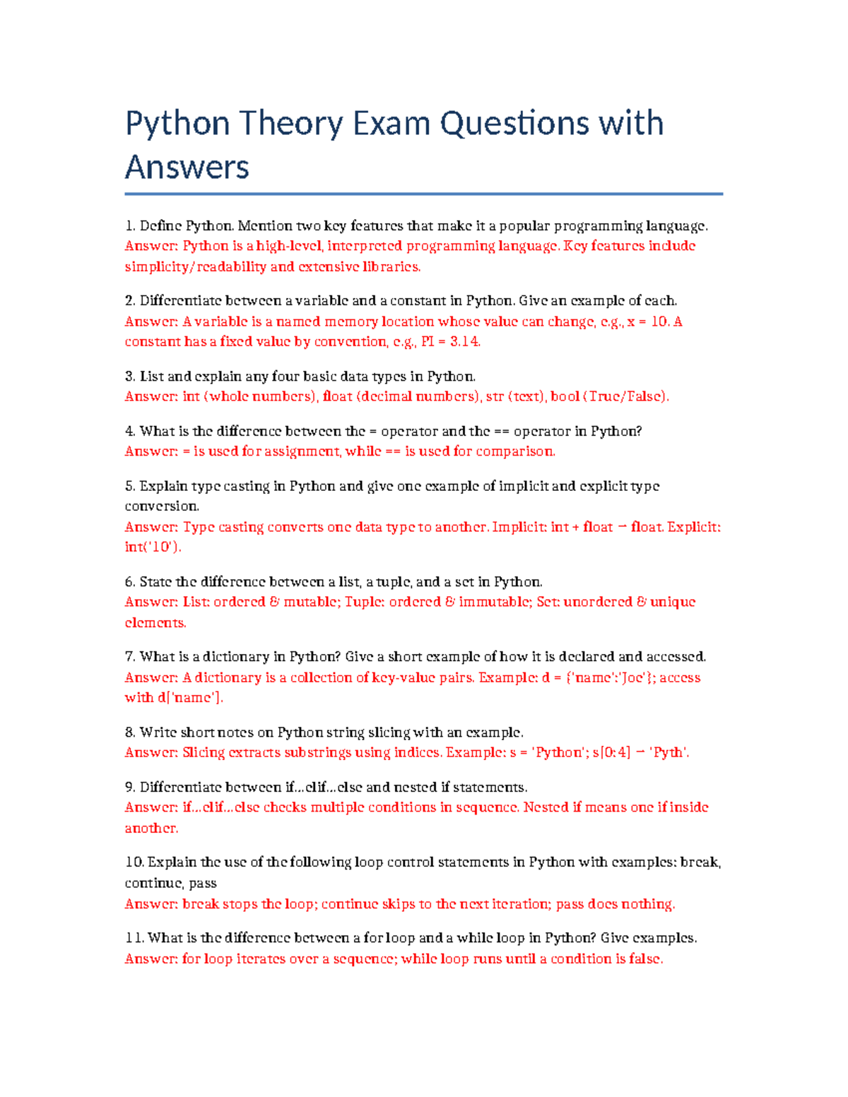 Python Theory Exam Q&A: Key Concepts and Definitions - Studocu