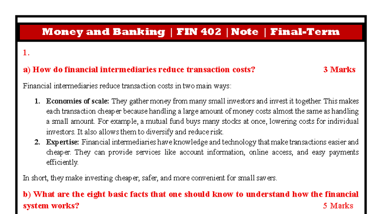 Money and Banking FIN 402 - Final Term Study Notes - Studocu