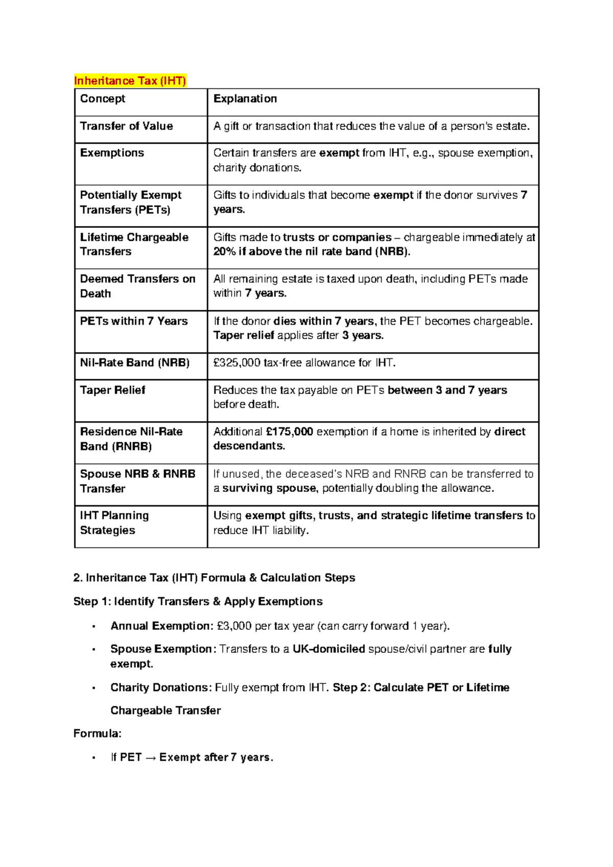 Inheritance Tax (IHT) Notes: Concepts, Calculations & Strategies - Studocu