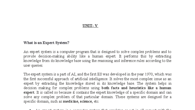 AI UNIT-5: Understanding Expert Systems and Their Components - Studocu