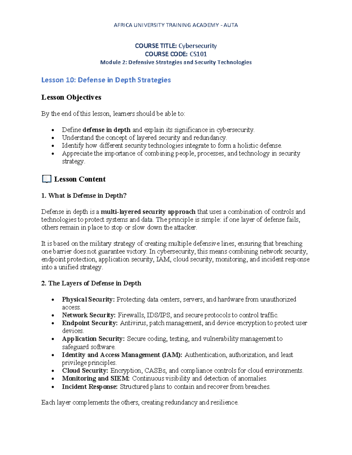 CS101 Module 2: Defense in Depth Strategies and Security Tech - Studocu