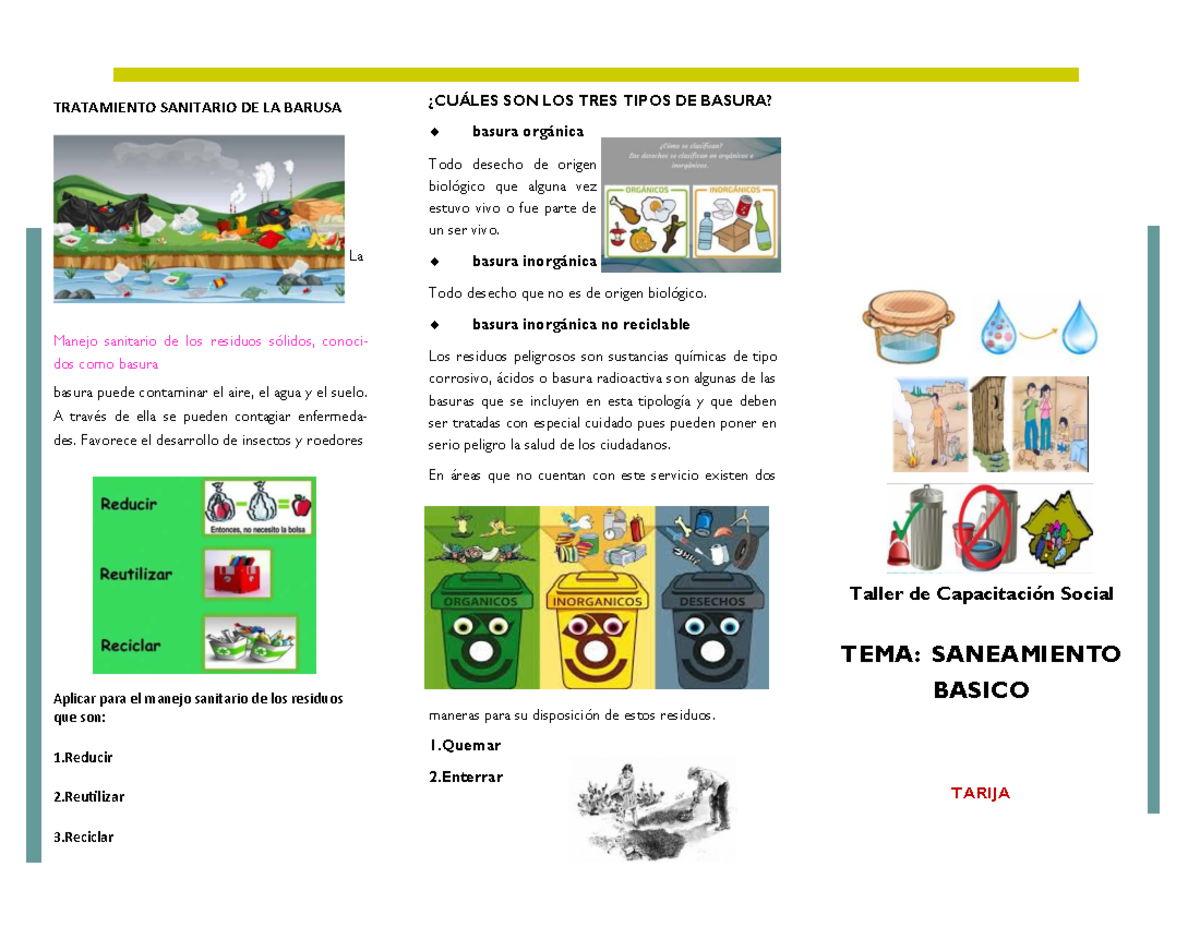 Tipos de Basura y Manejo Sanitario - Saneamiento Básico TARIJA - Studocu