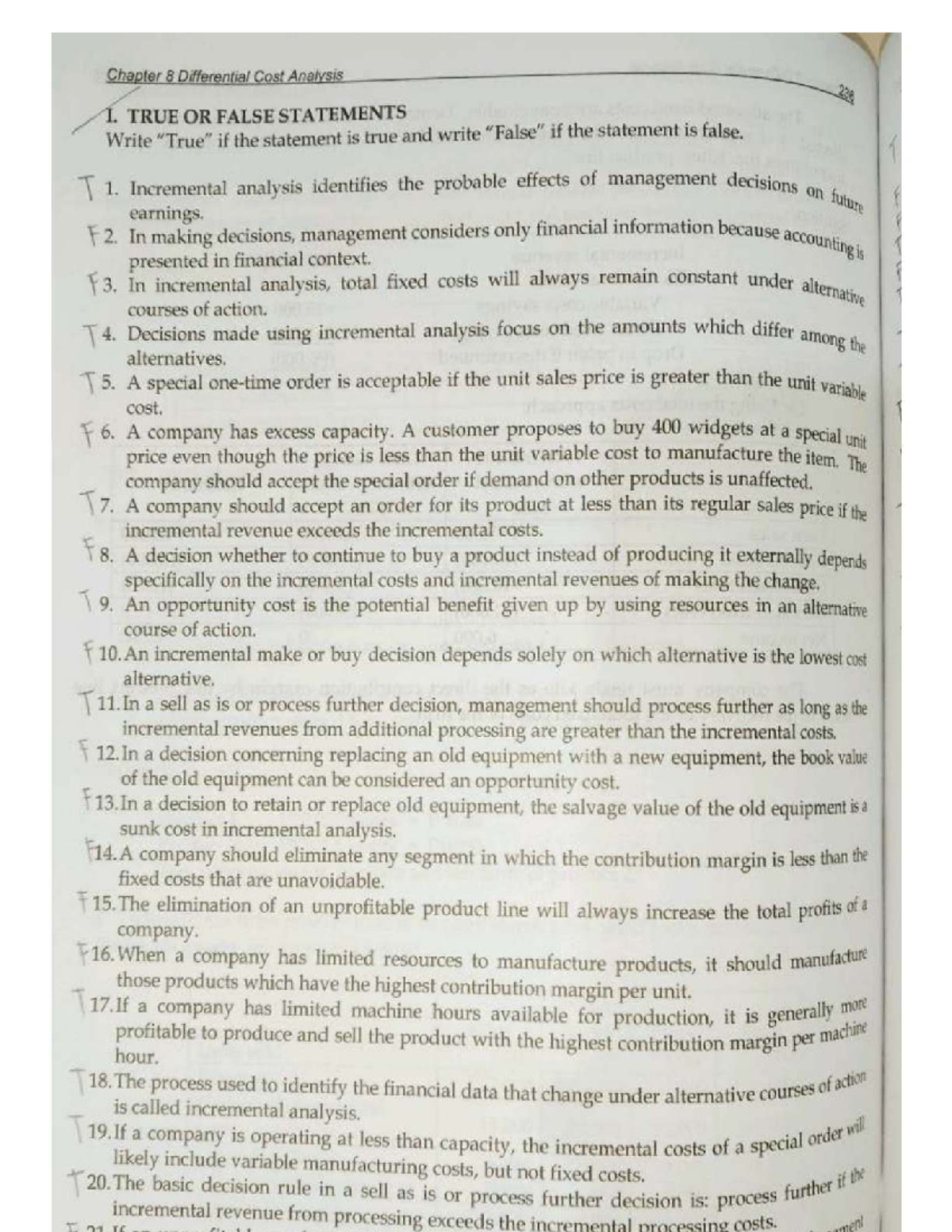 Chapter 8 Differential Cost Analysis: True or False Statements Review ...