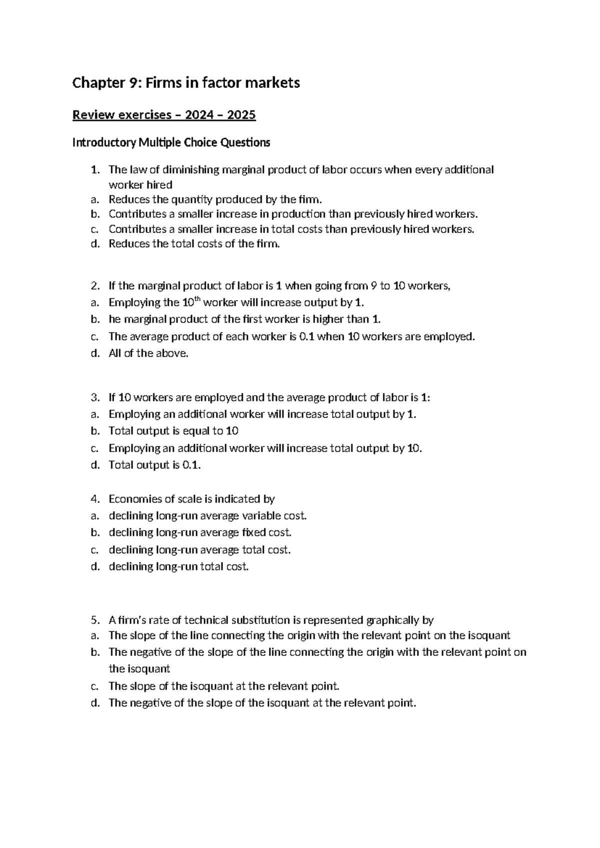 Chapter 9: Firms in Factor Markets Review Exercises 2024-2025 - Studocu