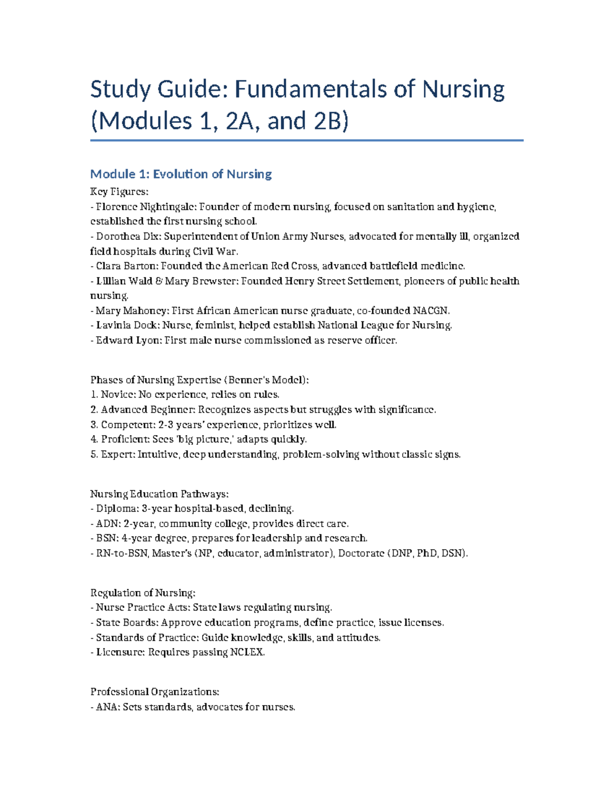 Nursing Study Guide: Fundamentals of Nursing (Modules 1, 2A, 2B) - Studocu