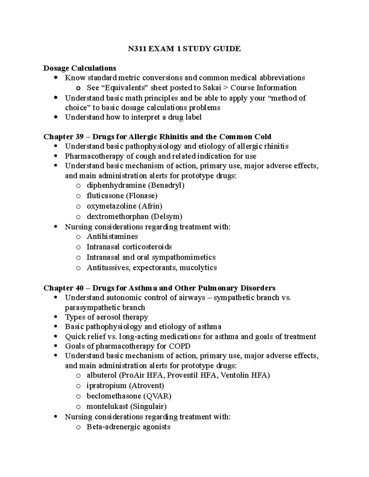 N311 Exam 1 Study Guide: Key Concepts and Drug Therapies - Studocu