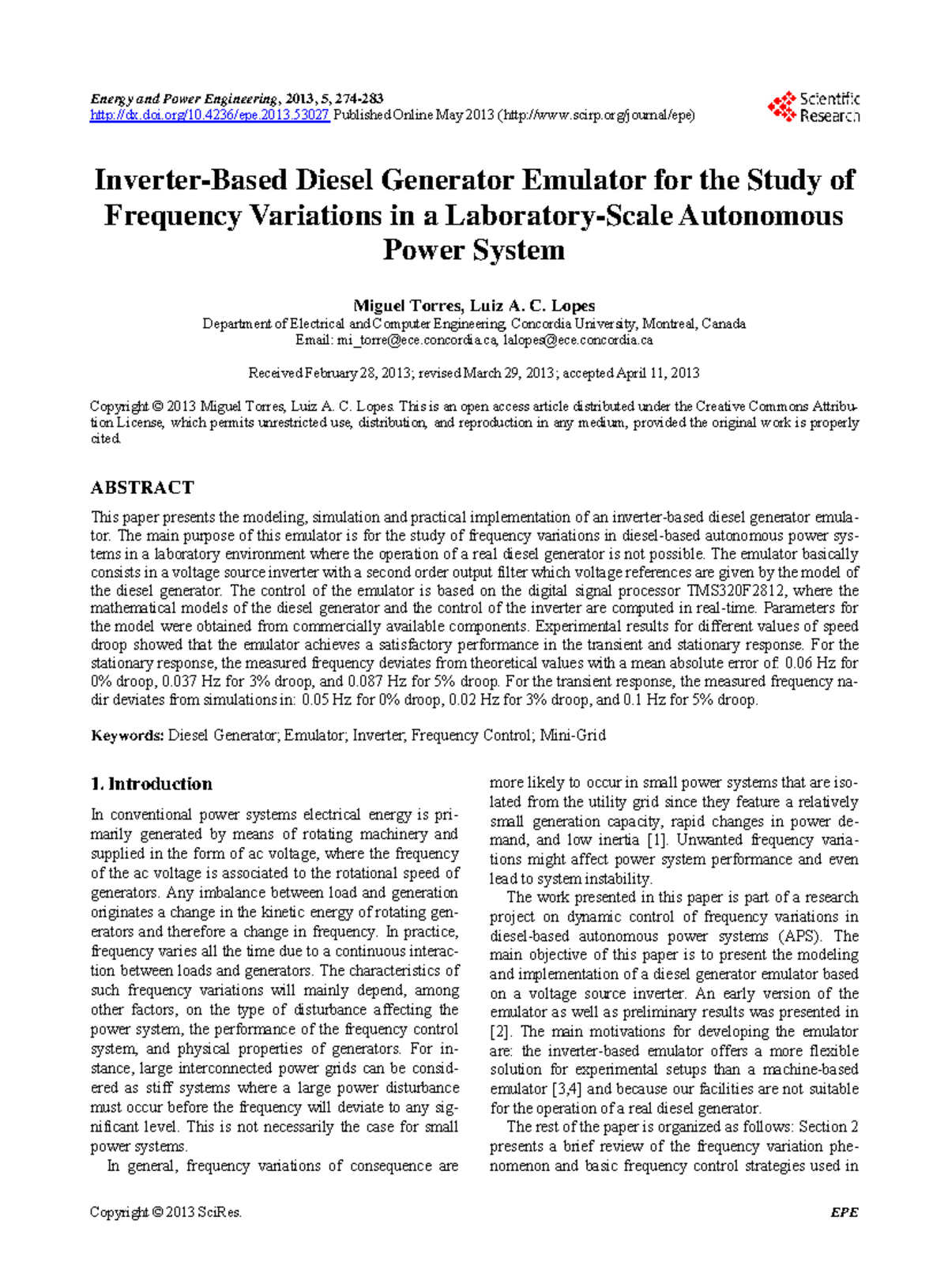 EPE 2013: Inverter-based diesel generator emulator for frequency study ...